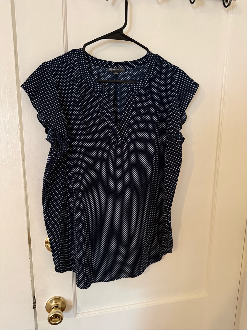 Adrianna Papell Navy and White Polka Dot Flutter Sleeve Blouse